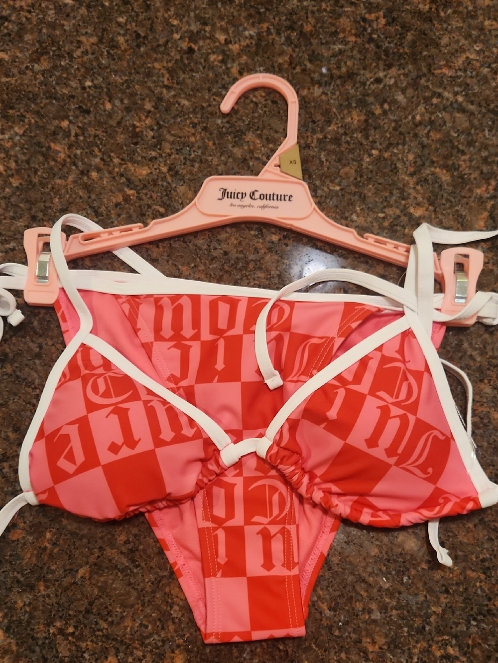 Juicy Couture Pink & Red Checkerboard Triangle Bikini